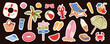© Hanna Bykova - Cute summer beach sticker set with tropical vacation elements. Summer season party stickers collection isolated on black background. Vector illustration.