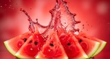 Fresh watermelon slices with dynamic red juice splash on red background