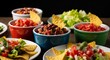 © NE97 - Variedad de salsas mexicanas, pico de gallo y totopos para Cinco de Mayo, aperitivos tradicionales en cuencos coloridos, comida festiva para fiesta mexicana, catering sabroso.