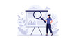 © LilitaAntis - Businesswoman using a large magnifying glass to analyze data charts and financial graphs on a presentation board.