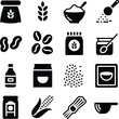 © ANWAR - Food ingredient silhouette illustration featuring flour bag, wheat stalk, corn, peanuts, coffee beans, jars, bottle, spaghetti, and measuring cup for kitchen design projects