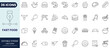© Gretta - Fast food icon set in outline style. Collection of fast food, burger, fries, pizza, hot dog, and junk food. Editable stroke. Vector icon collection.