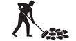 © MasterTech - Silence Sweeper Silhouette vector graphic design portrays a focused individual's silhouette meticulously sweeping a chaotic collection of speech bubbles using a broom, sweeping, broom, person.