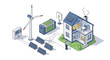 © Forhad - Sustainable energy smart home concept with a modern house powered by solar panels, a wind turbine, and a large electrical battery storage.