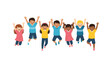 © Tahsin - Seven diverse children of various ethnicities jumping for joy with their arms raised high in a row against a white background.