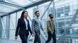 © 5 Grace Media - Diverse Business Professionals Walking Through a Modern Glass Walkway in an Office Building.