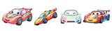 Four cartoon cars with smiling faces on a transparent background