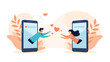 © Biz Flare - Man and woman reach out to each other from within their respective smartphone screens with hearts floating between them.