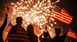 © Soton Mia - People celebrating with american flags watching fireworks display at night, symbolizing patriotism and national holidays like fourth of july