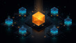 © Puhnnawit - Futuristic 3D isometric data network with glowing central cube and connected modules on dark background, technology concept.