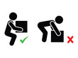 © AL - Correct and incorrect lifting position, guide to proper body posture when carrying heavy objects.