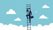 © Roton - Ambitious businessman standing on a very long ladder in the clouds looking through binoculars to search for new career or market opportunities.