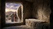 © Shakil - Astonished disciples witness the empty tomb of Jesus, the burial cloths remaining, as three crosses stand on the distant hill.