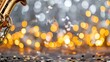 © savittree - Captivating saxophone with blurred bokeh lights and musical notes creating a festive atmosphere for vibrant celebrations