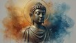© Stunning stock - Serene Buddha statue watercolor illustration, spiritual zen meditation art, bronze Siddhartha Gautama portrait with golden halo and blue orange paint splashes isolated on Transparent Background