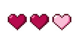 Three pixelated hearts in shades of pink and red, isolated on transparent background