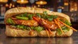© LimeSky - Vietnamese sandwich with chicken, blurred restaurant setting behind.