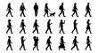 © PixelArtBox - Walking people silhouettes set, diverse pedestrian collection with men and women, black human figures in motion, 21 vector elements for urban scenes