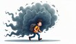 © Viktor - Young boy runs from dark swirling cloud mass. He carries a large backpack full of ominous stormy shapes. Person flees from internal struggle with overwhelming abstract emotion.