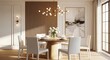 © HO - A modern dining room with a round wooden table surrounded by white chairs, set against a backdrop of a large window with white curtains and a wooden panel wall.