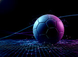 Glowing modern soccer ball with energy effect on digital grid background