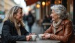 © Viktor - Two mature women chat over coffee at an outdoor cafe table on a city street. They smile warmly, enjoying a pleasant conversation and a warm drink on a casual day out.