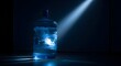 © canggih - A large plastic bottle of purified water illuminated by a beam of light in a dark setting