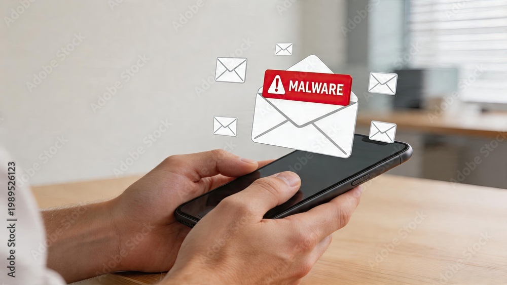 Male hand holding smartphone receiving malicious email message malware ...