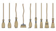 © Hasibul - Various traditional wooden brooms with straw bristles and unique handle shapes displayed in a row against a plain white background for cleaning.