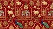 © V-Kree - Seamless pattern with traditional Indian motifs featuring deities, elephants, peacocks, and lotus flowers on a rich red background.