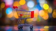© li - Miniature shopping trolley on reflective surface with colorful bokeh lights in background