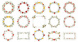 © Alom - Collection of different floral wreaths and frames decorated with colorful flowers and leaves for wedding invitations.