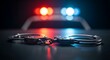 © Tanveer Bin Razzak - Handcuffs on a dark surface with blurry red and blue police car lights in background handcuffs authority enforcement security