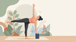 © AsmArif - Woman practicing yoga in half moon pose on a yoga mat with a block utthita trikonasana variation hatha yoga self care balancing flexibility wellness exercise activity healthy lifestyle