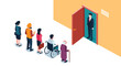 © Cerys - Inclusive queue of diverse people including elderly and disabled waiting in line to enter a doorway for service.