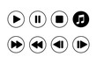 © Monika Jurczyk - Hand drawn media control icons set: play, pause, stop, forward, rewind, next, previous and music note. Minimal doodle UI buttons for apps, audio player, video controls. High-res isolated PNG