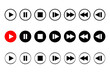 © Monika Jurczyk - Media player control icons PNG, play pause stop rewind fast forward circular buttons, audio video UI controls set, black interface icons for apps, streaming, music players and web design. High-res PNG