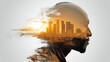 © JB - Male side profile with urban skyline blended into silhouette. Creative business concept symbolizing strategic vision, leadership, innovation, and forward thinking.