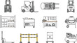 © PrimePixel Co - Technical CAD construction and warehouse vector icon set, forklifts racks pallets carts mixers and safety equipment in black outline with yellow accents for engineering floor plan design
