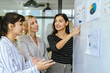 © chokniti - Business team present global success plan with data analysis to win in workplace, showing teamwork and motivation in modern office environment