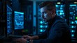 © Arkadiusz - Cinematic portrait of a focused male cybersecurity analyst working at multiple computer screens in a dark high-tech server room