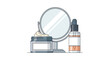 © Kurniawan - Fashion accessories including a makeup container, serum bottle, and mirror on a table indoors.