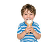 © Trending - Happy child eating ice cream cone, smiling boy with dessert, summer treat, sweet tooth