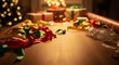 © Halo Vision - Close Up Festive Gift Wrapping with Ribbons and Presents on Wood