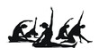 © mian - Group of women perform yoga stretches and fitness exercises in a studio setting represented by black silhouettes on a white backdrop.