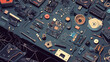 © Mundhut - A detailed digital illustration of various electronic components and tools arranged on a work surface