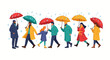 © suyadi - Colorful vector illustration of diverse people walking in the rain under umbrellas, with each character wearing a raincoat and displaying a cheerful mood against a clean white background