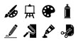 © Farjana - Minimalist art supplies icon set, black silhouette painting tools collection, 8 vector graphic symbols for creative studio and design workshop