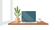 © Rangga - Vector illustration of a modern workspace with a laptop, potted plant, and coffee on a wooden desk next to a bright window.