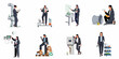 © Muqodimatul - Collection of professional women in business suits performing various technical inspections, energy monitoring, and industrial management tasks across different sectors.